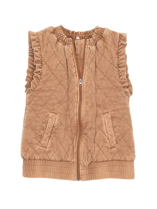 Katydid Garment Washed Quilted Ruffle Sleeve Vest
