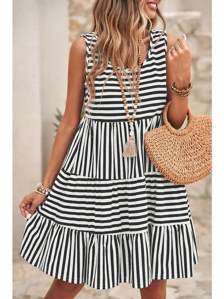 Stripe U Neck Sleeveless Loose Fit Mini Dress