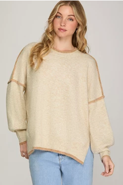 SHE & SKY LONG SLEEVE CONTRAST SWEATER TOP-OATMEAL