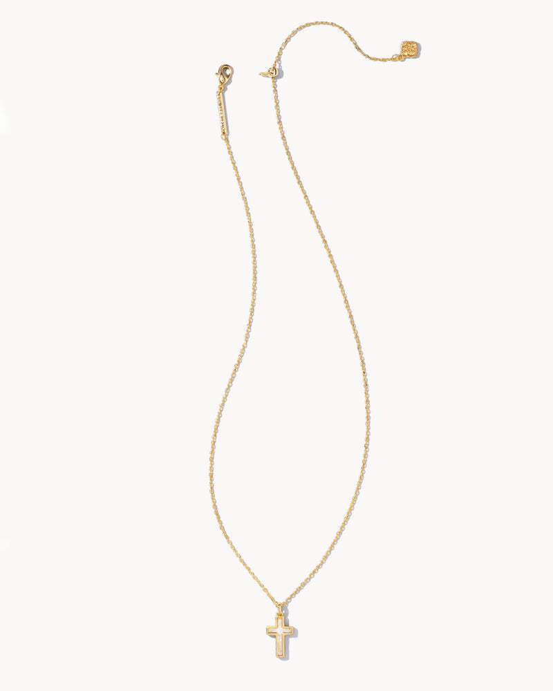 Kendra Scott Cross Gold Pendant Necklace in White Kyocera Opal