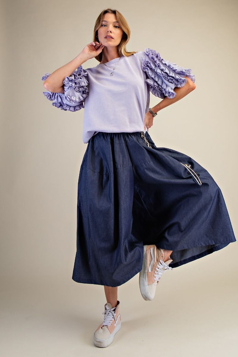 EASEL RUFFLED SLVS MINERAL WASHED TOP-LAVENDER