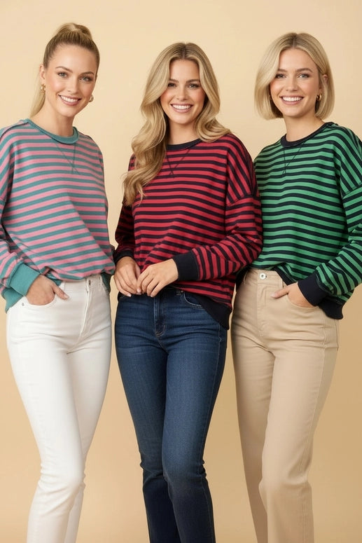 Heimish Striped Drop-Shoulder Pullover Sweatshirt-Teal/Pink