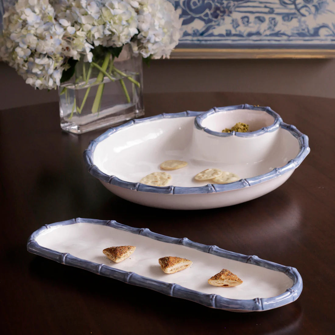 Beatriz Ball VIDA Bamboo Large Chip & Dip Bowl (White and Blue)