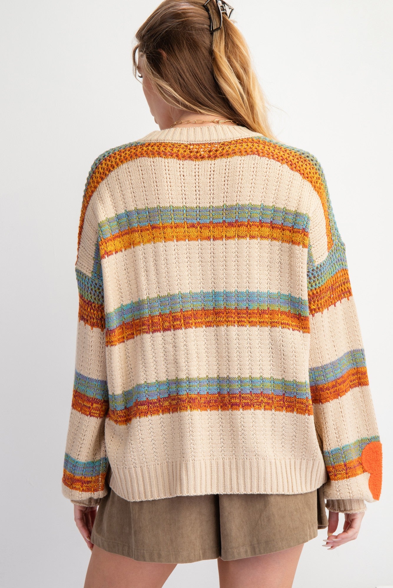 Easel Striped Flower Patch Knit Sweater Pullover