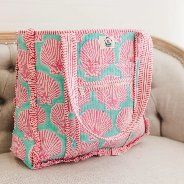 Heart of Grace Sanibel Pink Shell | Large Quilted Ruffle Tote Bag
