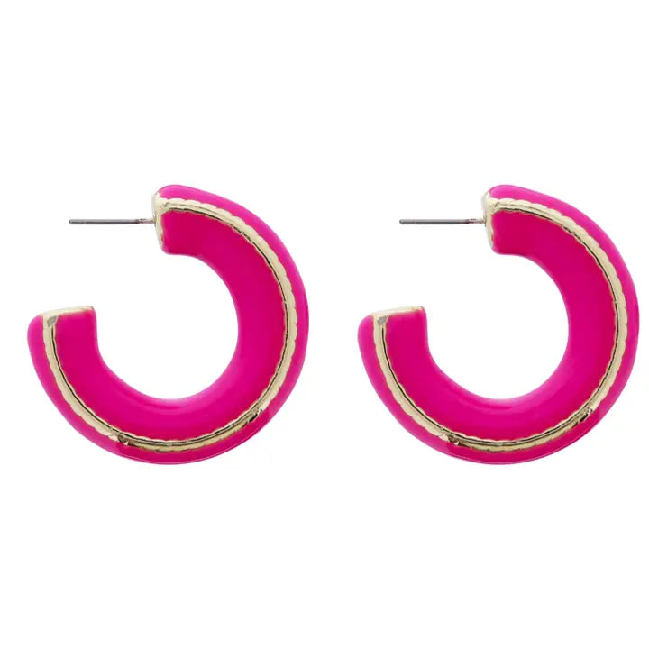 Jane Marie Hot Pink Enamel Hoop with Gold Stripe Accent Earring