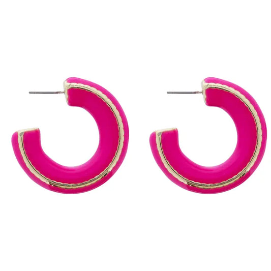 Jane Marie Hot Pink Enamel Hoop with Gold Stripe Accent Earring
