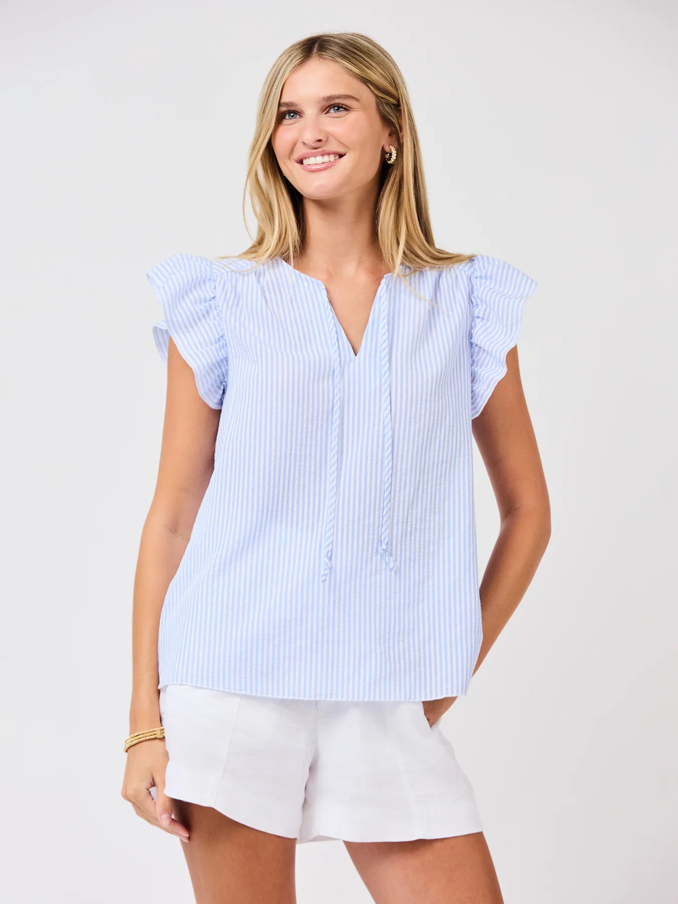 Mary Square Lydia Seersucker Top | Blue + White
