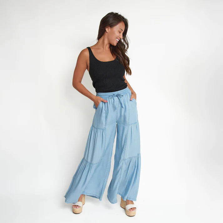 ELSIE & ZOEY  Delaney Wide Leg Tiered Drawstring Chambray Pants