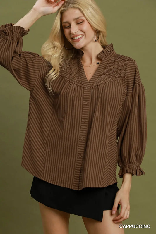 Umgee Stripe Seersucker Smocked Yoke Button-Front Blouse