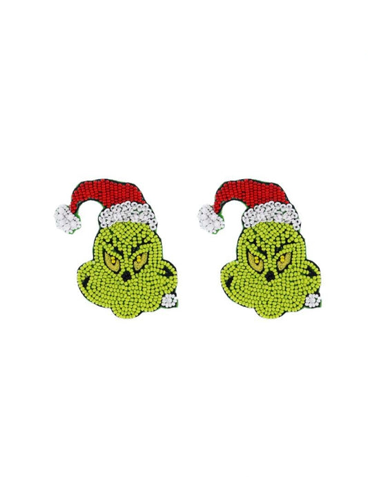Jane Marie Red, White, Green Beaded Grinch Face Earring