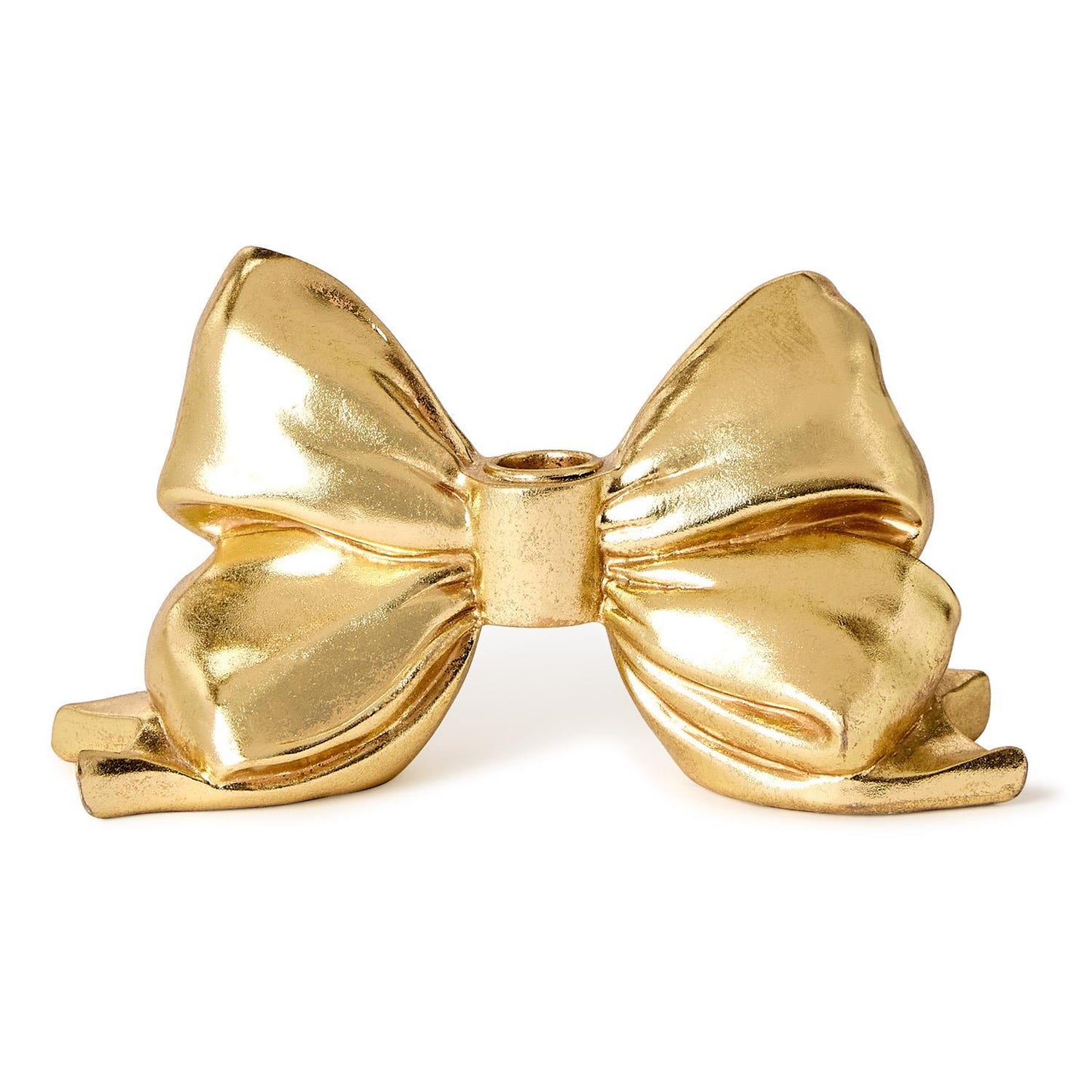 TWO'S COMPANY LARGE GOLD BOW TAPER CANDLEHOLDER