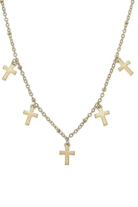 Canvas Style Mason Cross Charm Station Necklace in Worn Gold