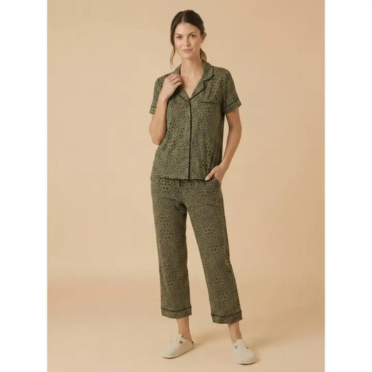 Softies Women's Soft Slim Notch Collar Capri Pajama Set-Wild Olive
