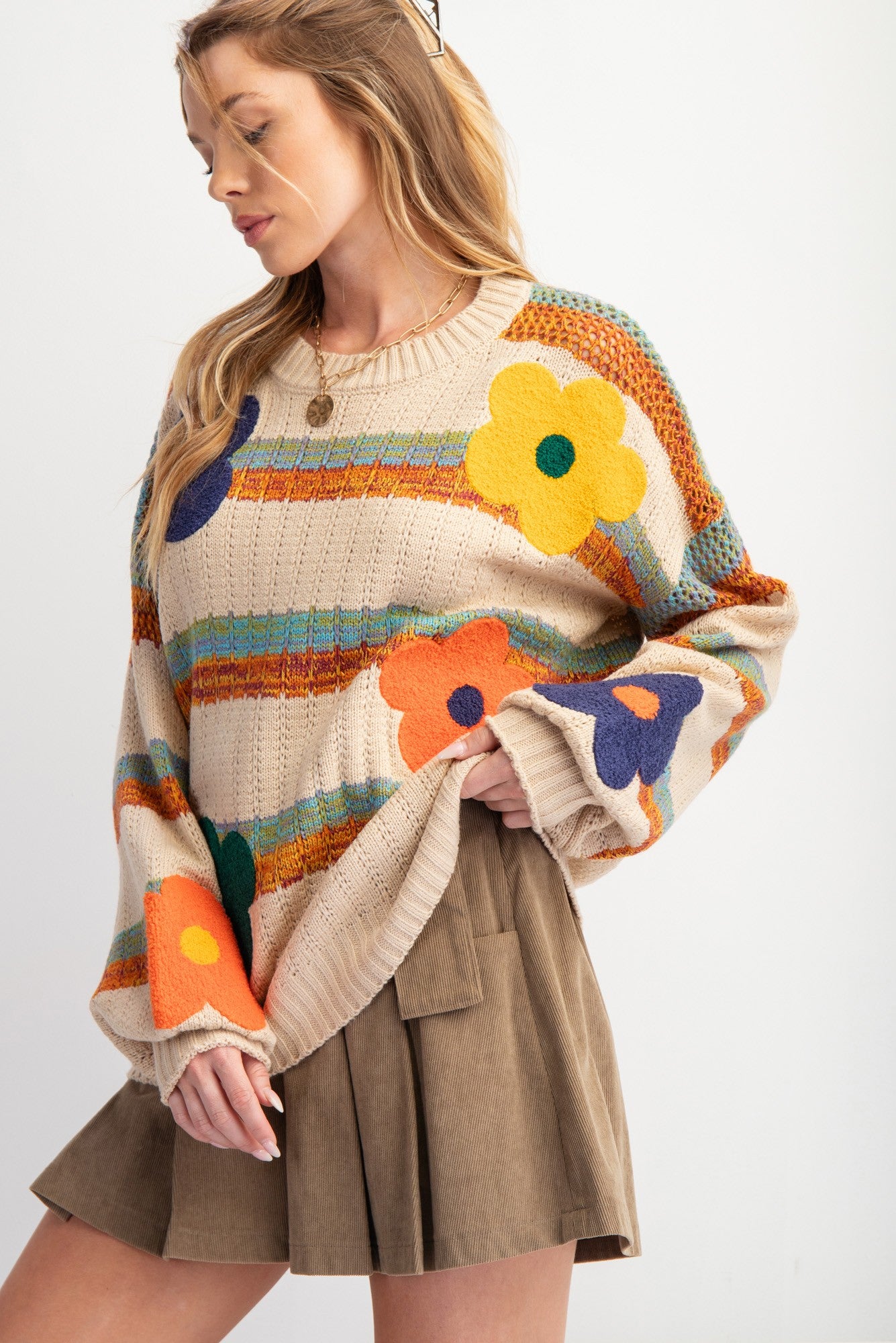 Easel Striped Flower Patch Knit Sweater Pullover