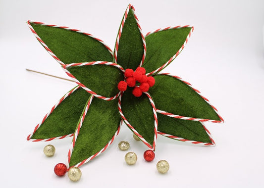 TradeCie 14x26.5" Green Velvet Poinsettia Stem with Red and White Trim, Pom Pom Center