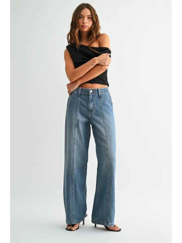 JBD No Pocket Seamed Trouser Wide Leg - Medium Denim
