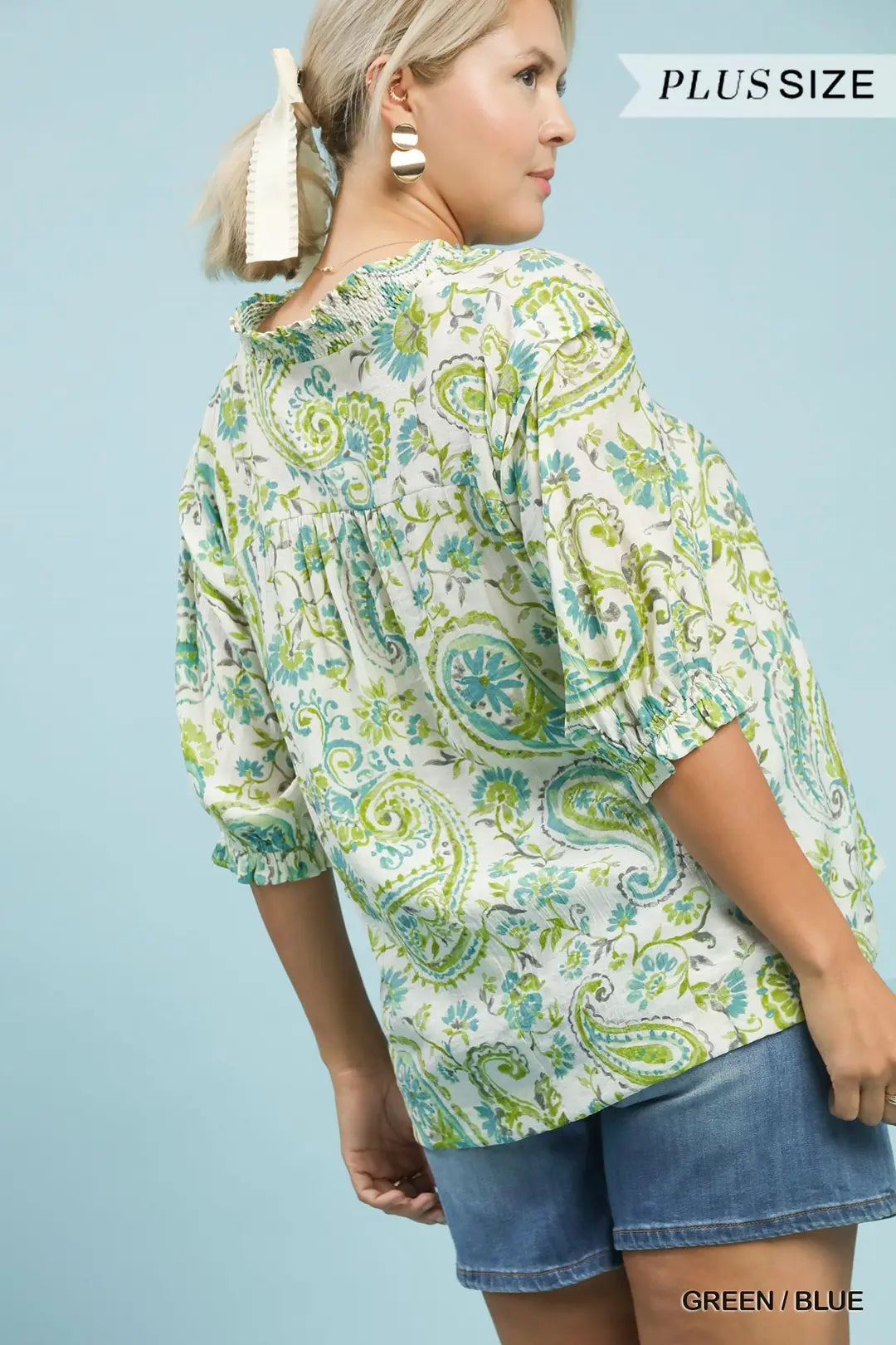 Umgee Smocked V-Neck Paisley Top-Green/Blue