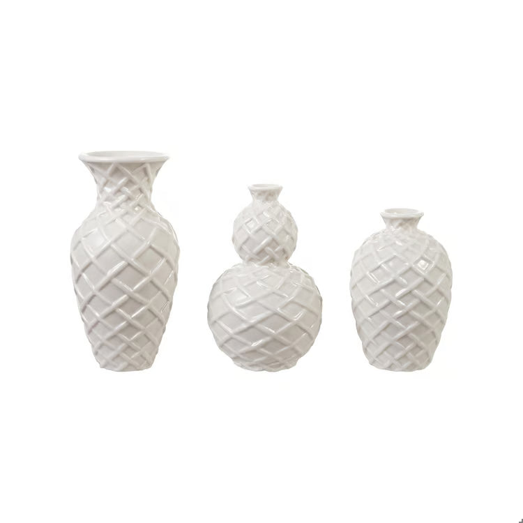 HAZEL MAZEL Stoneware Basket Weave Vase, White