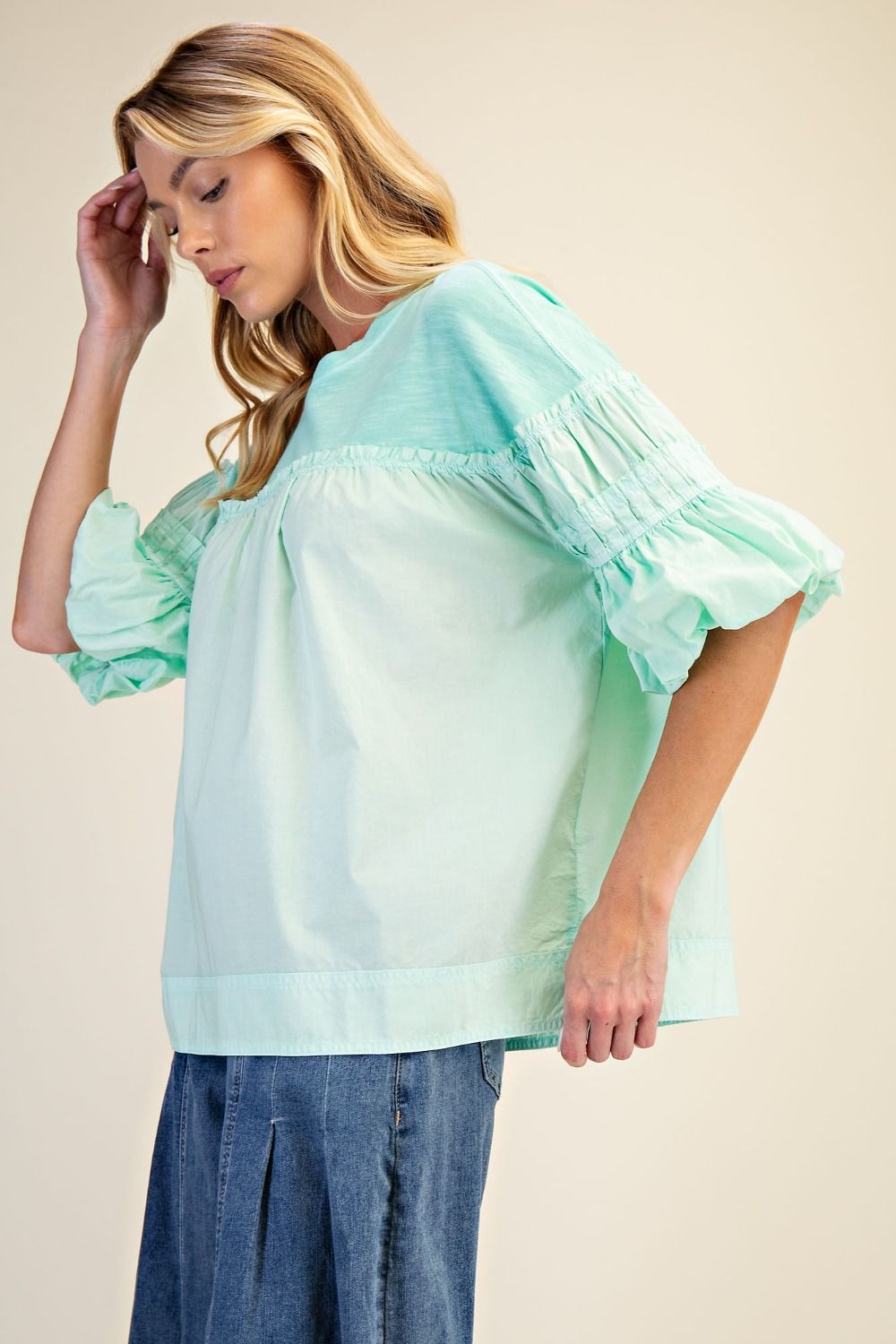 EASEL WASHED COTTON VOILE TOP-ATLANTIS GREEN
