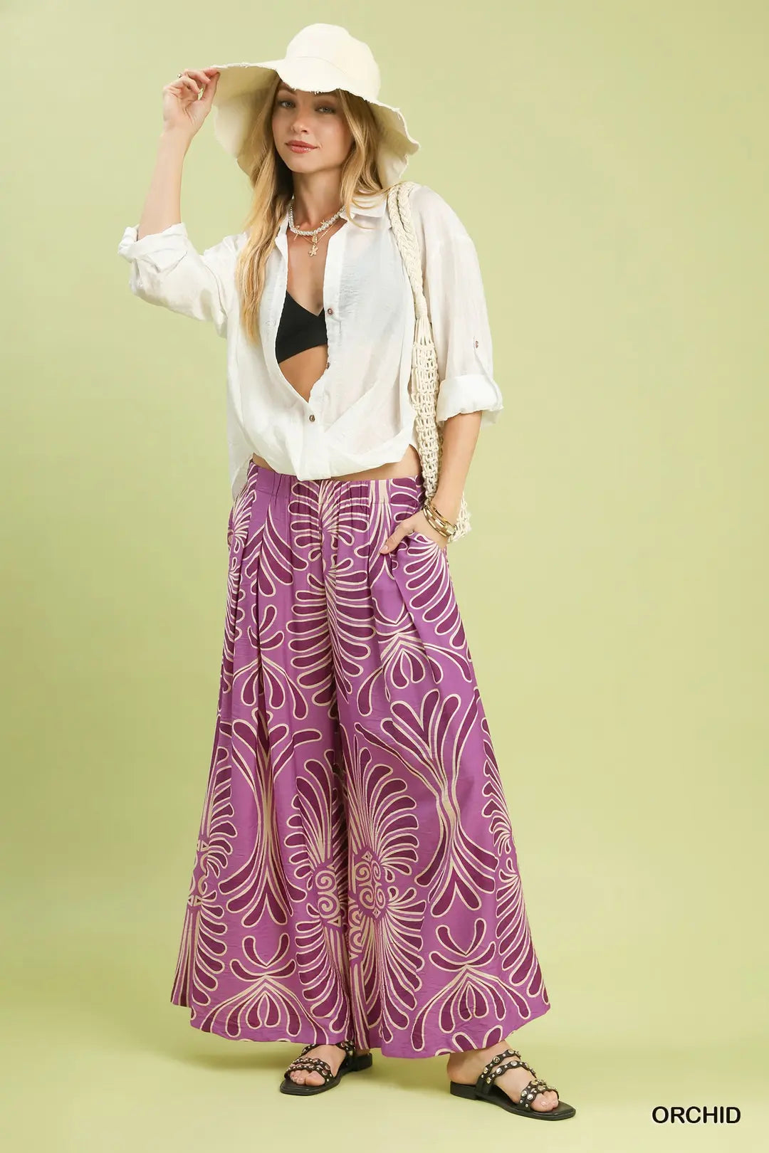 Umgee Feather Print Wide Leg Pants