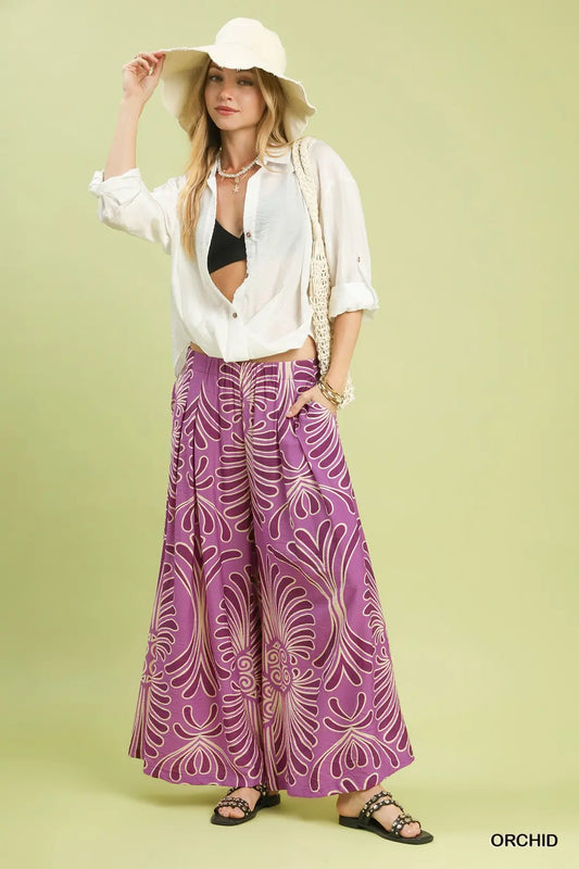 Umgee Feather Print Wide Leg Pants