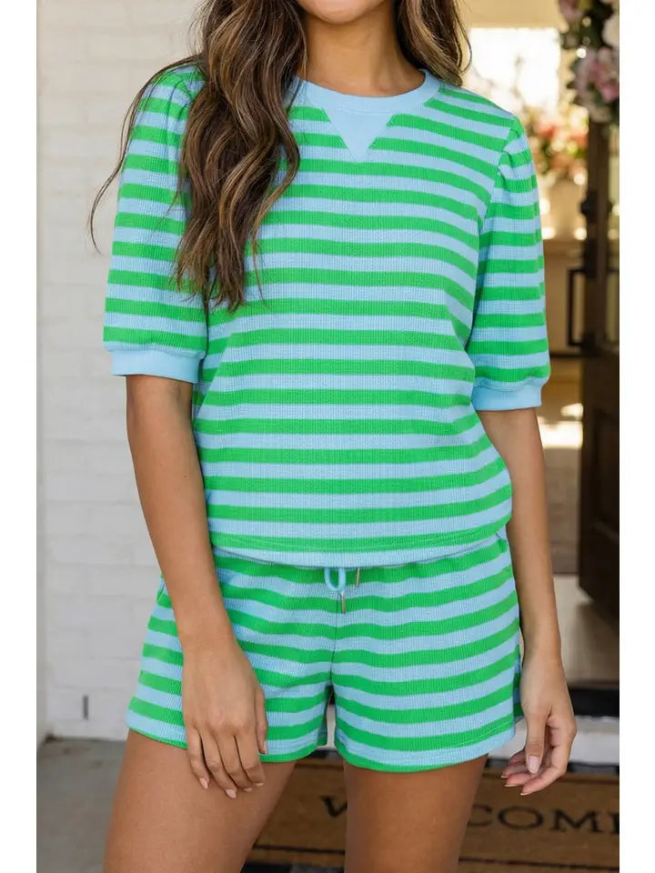 Las Stripe Puff Sleeve T Shirt Matching Shorts Set