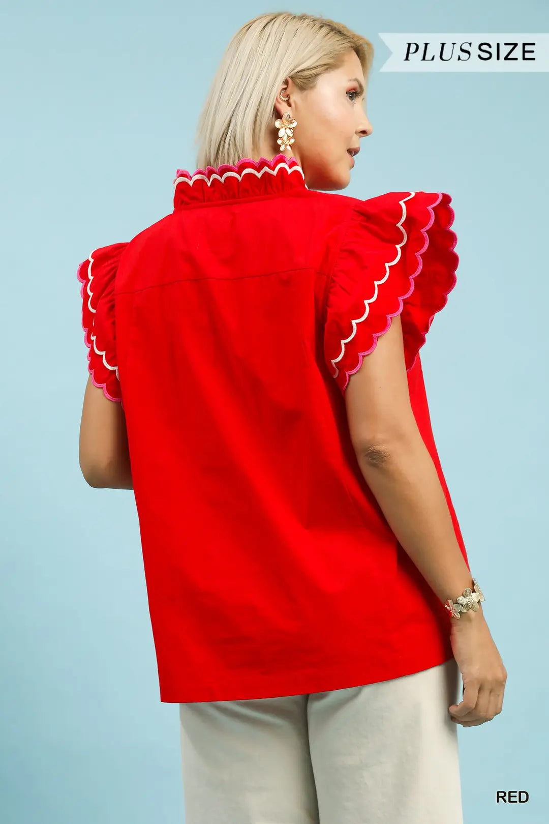 Umgee Scallop Trim Ruffle Sleeve Top-Red