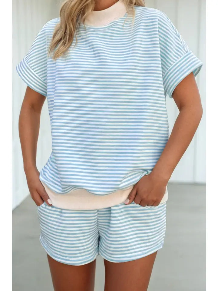 Las Stripe Cuffed Contrast Tee Casual 2pcs Shorts Set