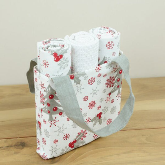 Pd HOME 3 PC RED/WHT TREE/FLAKE TOWEL W/BAG