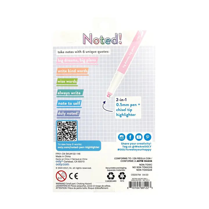Ooly Noted!: 2-in-1 Micro Fine Tip Pen + Highlighter (Set of 6)