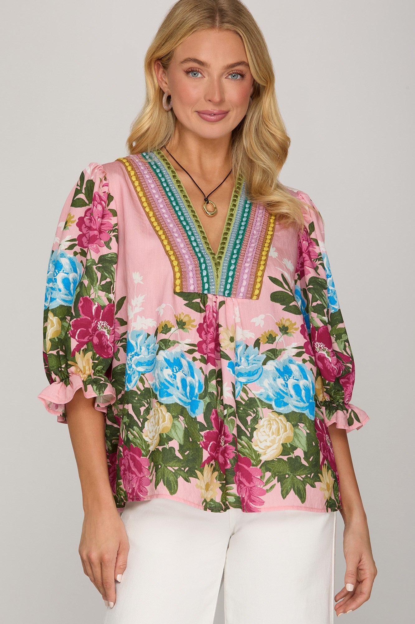 She + Sky Print V Neck Top-Pink