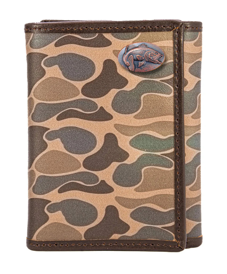 ZEP-PRO BASS MEN'S TRIFOLD OLD SCHOOL CAMO LEATHER WALLET.