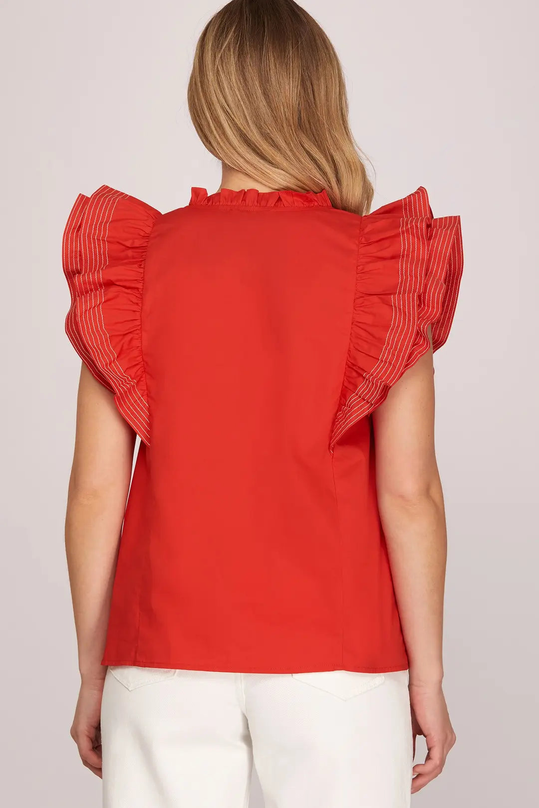 SHE + SKY RUFFLE SLEEVE STITCH DETAIL GAME DAY WOVEN TOP-RED