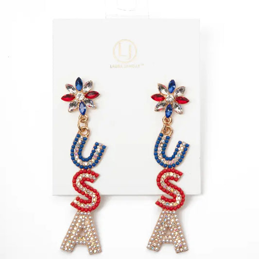 Laura Janelle Red, White, & Blue Crystal USA Earrings