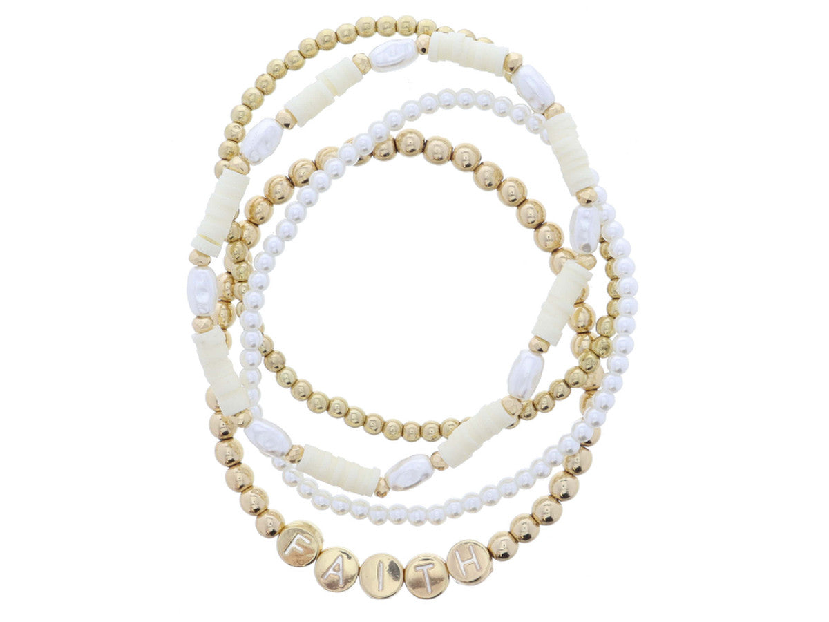 SET OF 4, GOLD BALL, PEARL, GOLD BALL WITH "FAITH", OVAL PEARLS AND CREAM RUBBER SEQUINS BRACELET JANE MARIE