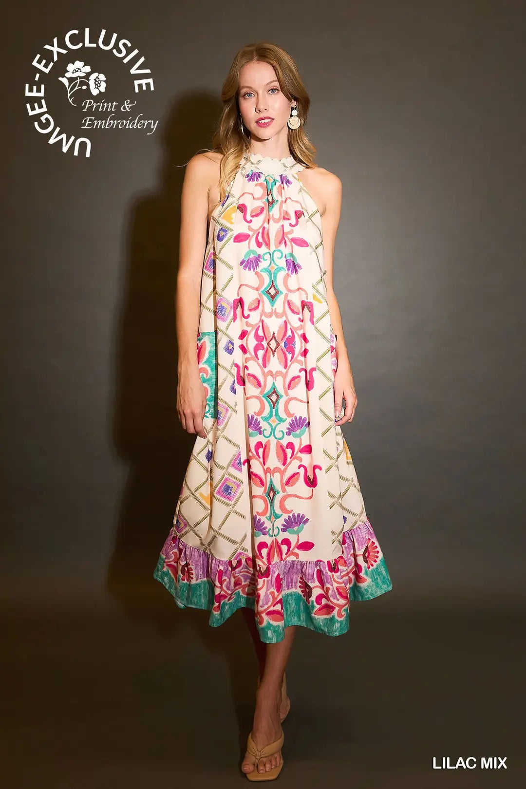 Umgee Halter Neck Printed Maxi Dress