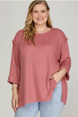 SHE &SKY 3/4 FOLDED SLEEVE KNIT TOP