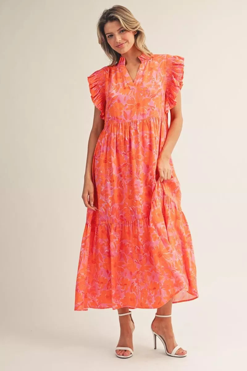 Jodifl Ruffled Cap Sleeves Tropical Floral Midi Dress