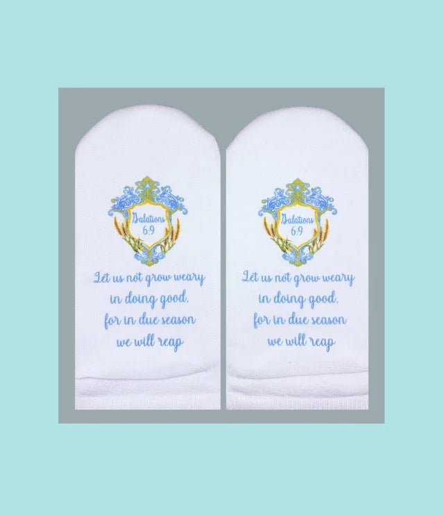 Standing on the Word Socks Crest with Verse: Galatians 6:9 not grow weary in doing good