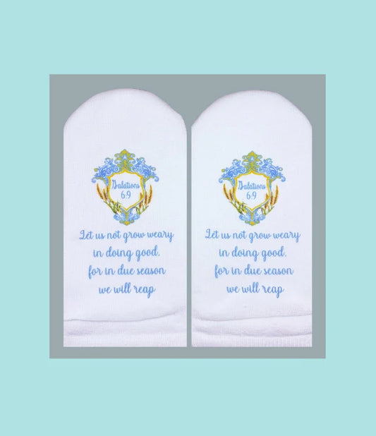 Standing on the Word Socks Crest with Verse: Galatians 6:9 not grow weary in doing good