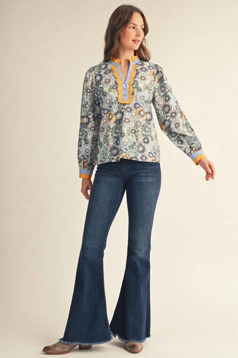 Entro Long Sleeves Notched V Neck Floral Top