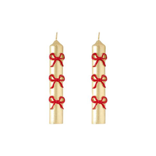 MUD PIE CHRISTMAS BOW MINI TAPER CANDLE SET OF 2