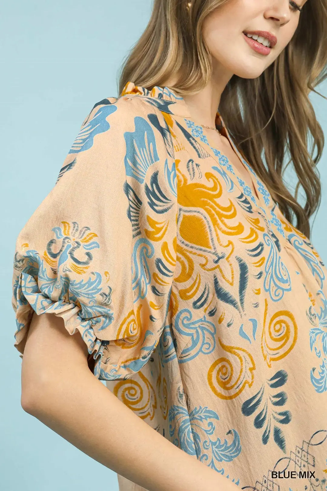 Umgee Border Print Puff Sleeve V-Neck Blouse-Blue Mix