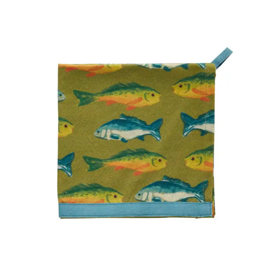MUD PIE GREEN FISH PATTERNED TOWEL