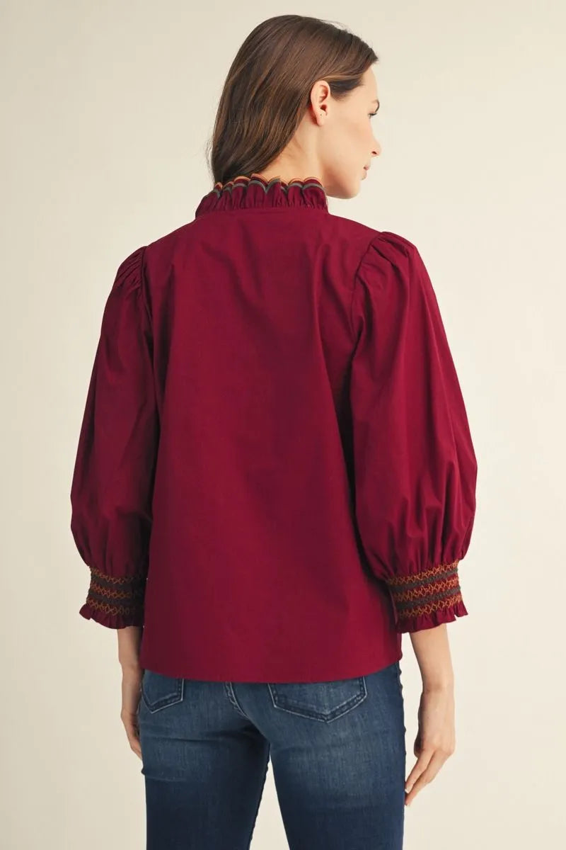 Jodifl 3/4 Puff Sleeves V Neck Solid Top