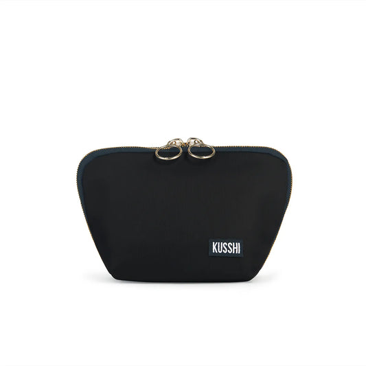 Kusshi Satin Black Fabric with Leopard Interior Everyday Makeup Bag