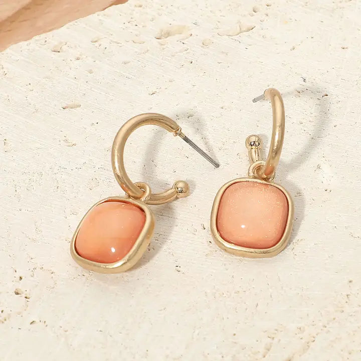 Square Stone Drop Hoop Earrings-Peach,Worn Gold