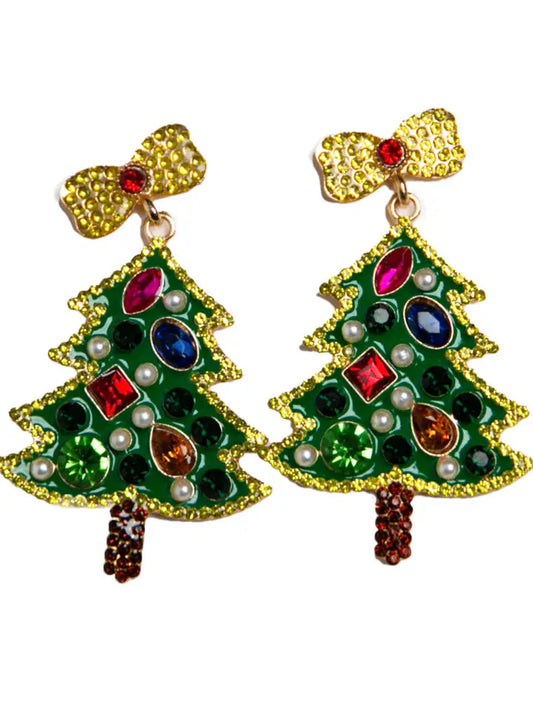 Top It Off Christmas Tree Earrings-Green Christmas Tree with Jewels