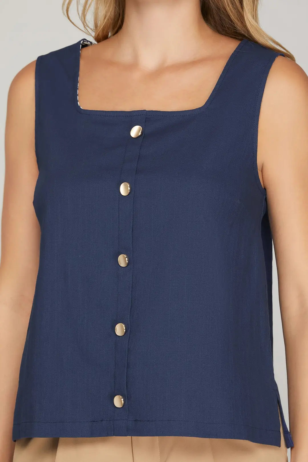 SHE + SKY SLEEVELESS SQUARE NECK WOVEN TOP WITH BUTTON-NAVY